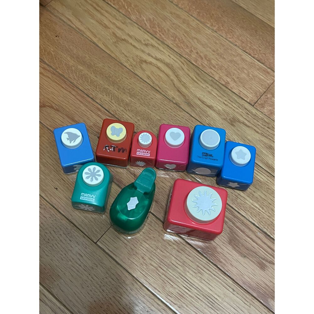 Marvy Uchida 9 Paper Punches Fish Sun Holly Heart Sun Circle Star Butterfly